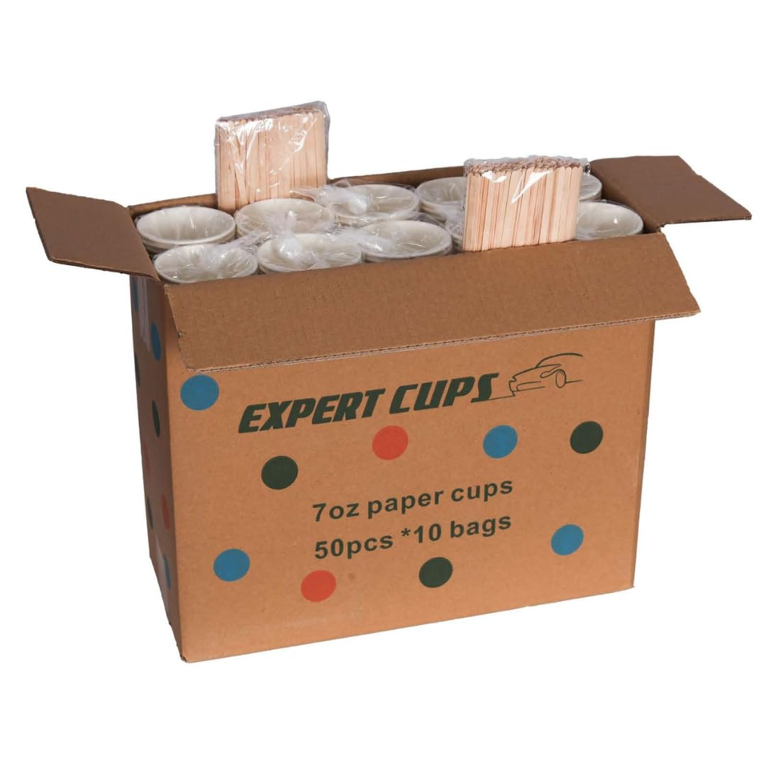 EXPERT Gobelets Jetables 7oz avec Agitateurs en Bois Offerts - Lot de 500, Idéals pour Café, Thé, Jus et Boissons Froides, Parfaits pour Événements, Réunions et Fêtes