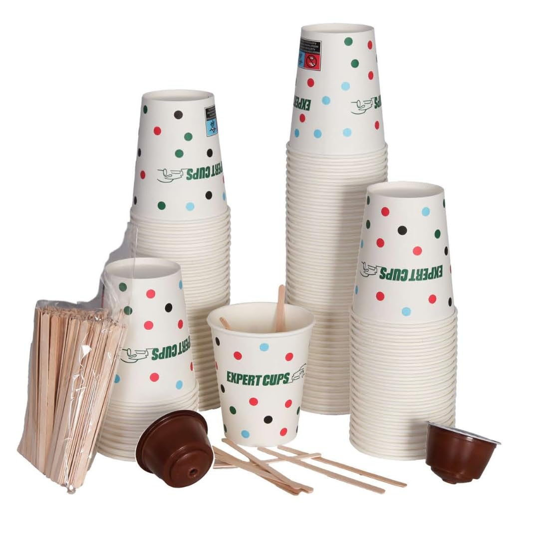 EXPERT Gobelets Jetables 7oz avec Agitateurs en Bois Offerts - Lot de 500, Idéals pour Café, Thé, Jus et Boissons Froides, Parfaits pour Événements, Réunions et Fêtes